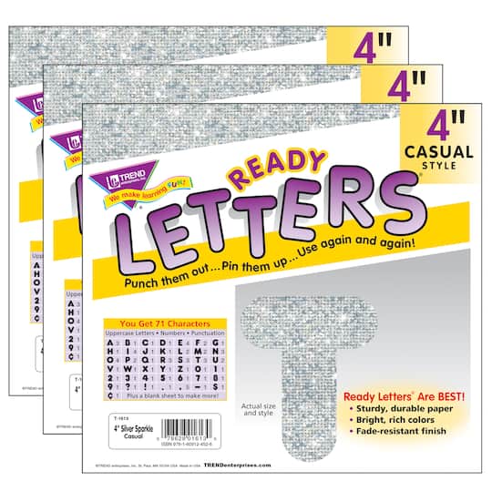 Trend Enterprises® 4" Silver Sparkle Casual Uppercase Ready Letters®, 3 Packs of 71